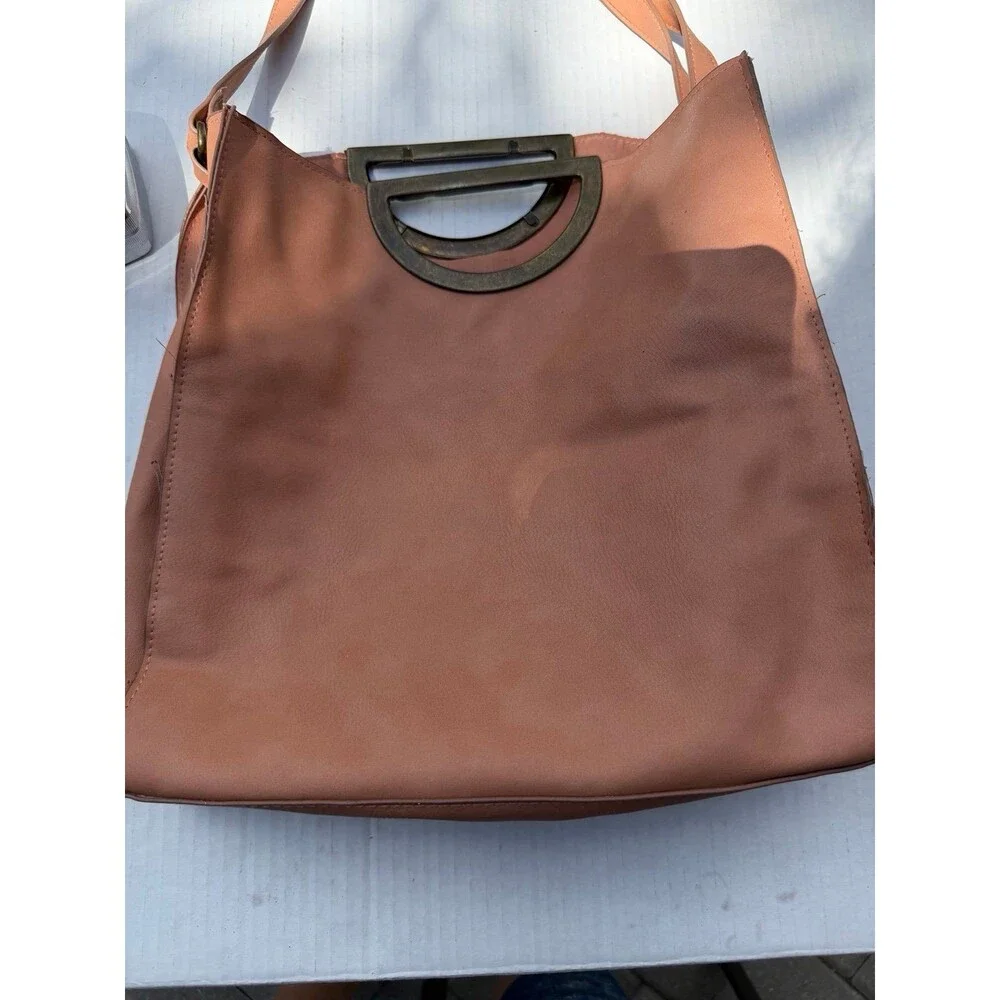 Boho Faux Leather Hobo Shoulder Bag Brown Crochet Lace Accent Large Tote